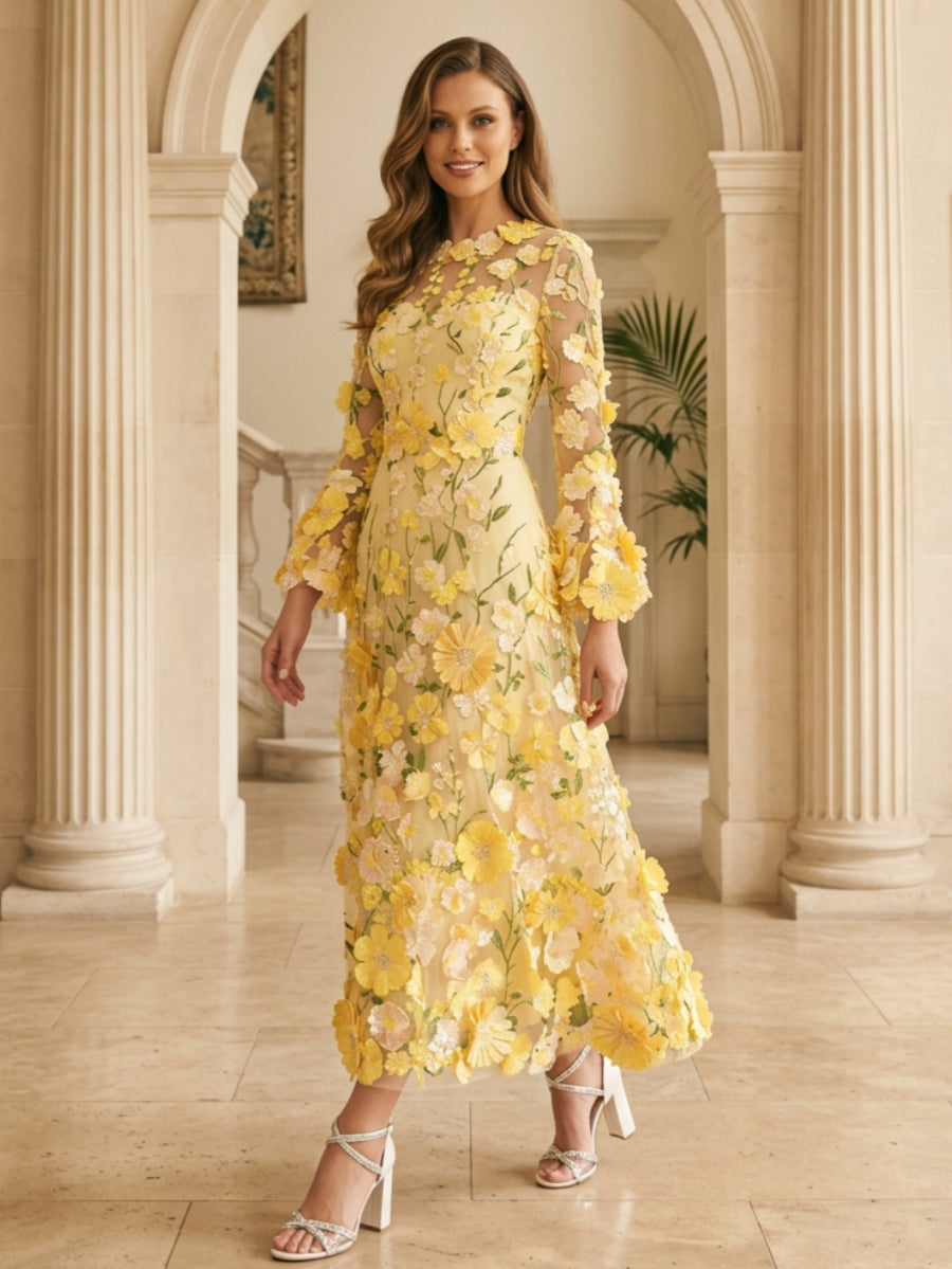 Robe mère de la mariée ligne A col rond, dentelle appliques, floral, manches longues, longueur midi
