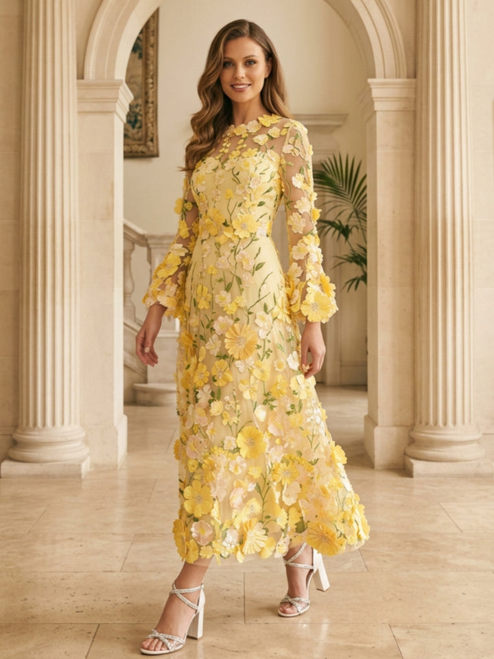 Robe mère de la mariée ligne A col rond, dentelle appliques, floral, manches longues, longueur midi