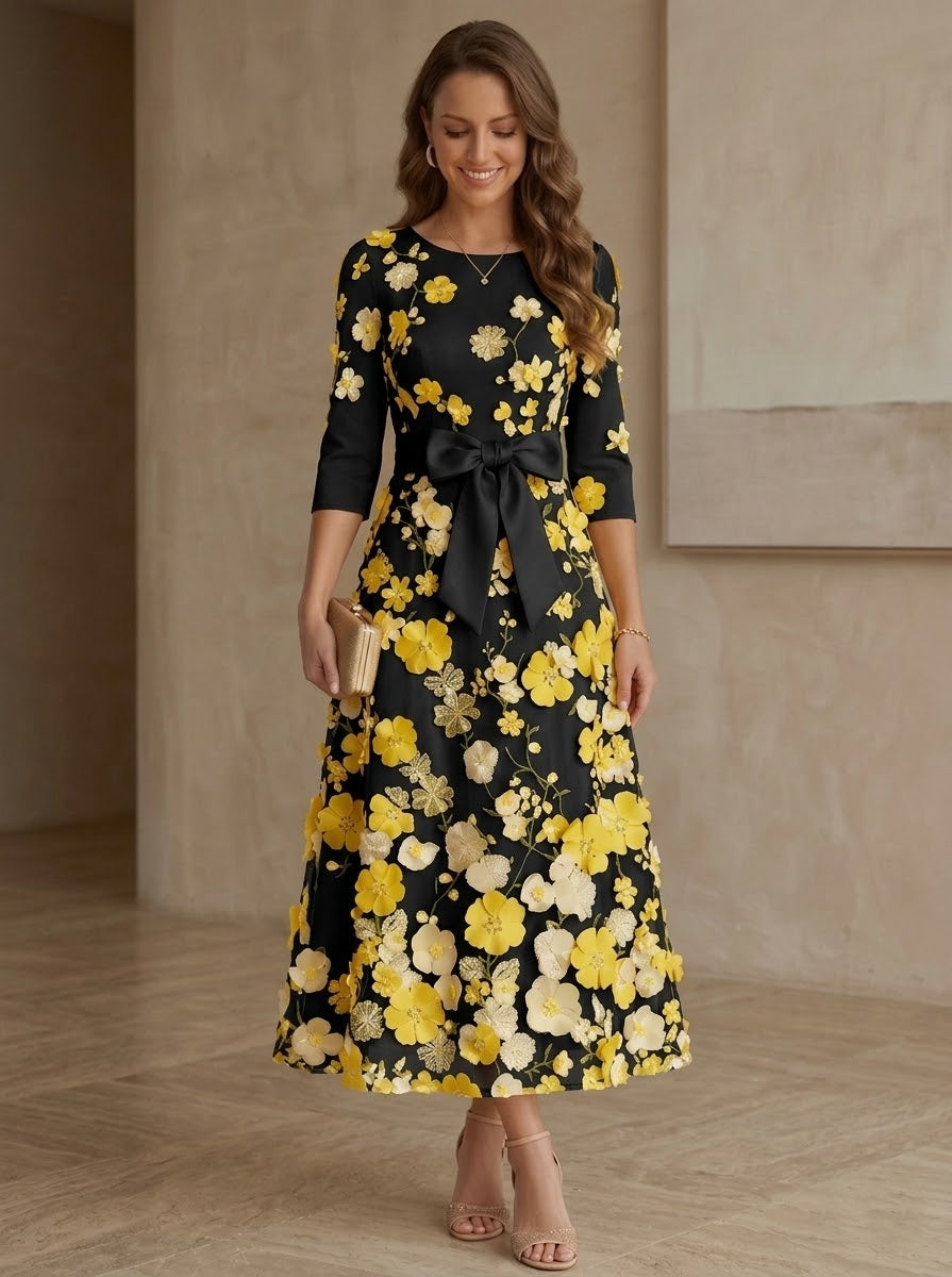 Robe mère de la mariée ligne A satin col rond, nœud, dentelle florale, manches 3/4, longueur midi