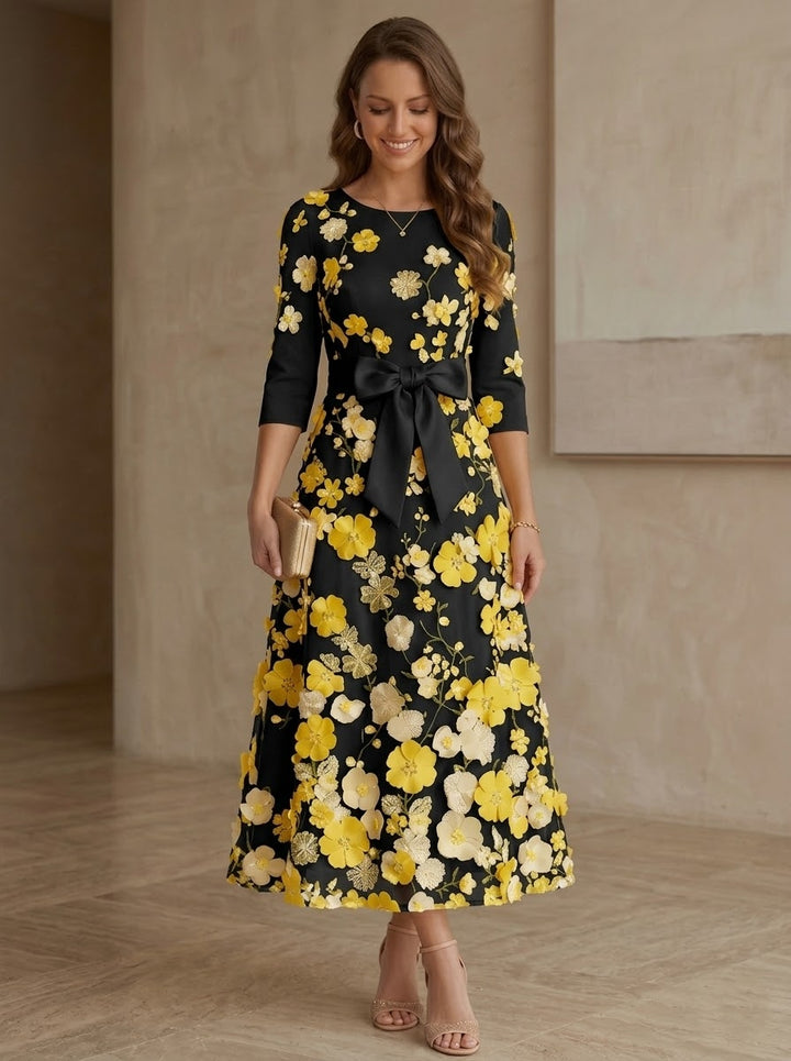 Robe mère de la mariée ligne A satin col rond, nœud, dentelle florale, manches 3/4, longueur midi