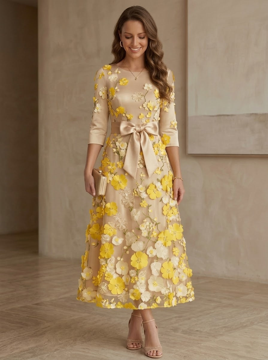 Robe mère de la mariée ligne A satin col rond, nœud, dentelle florale, manches 3/4, longueur midi