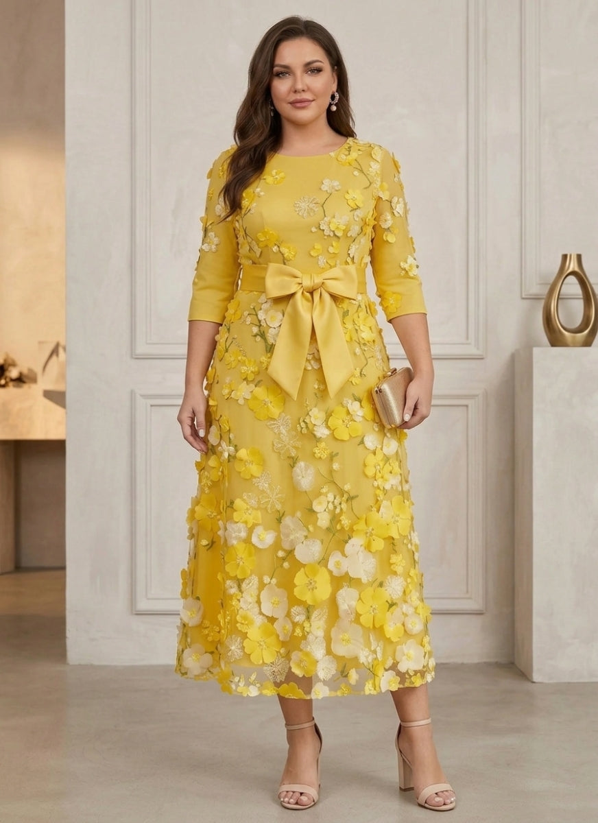 Robe mère de la mariée, Taille Plus, Ligne A/Princesse, Col Rond, Satin, Manches 3/4, Longueur du Thé, avev Nœud Papillon