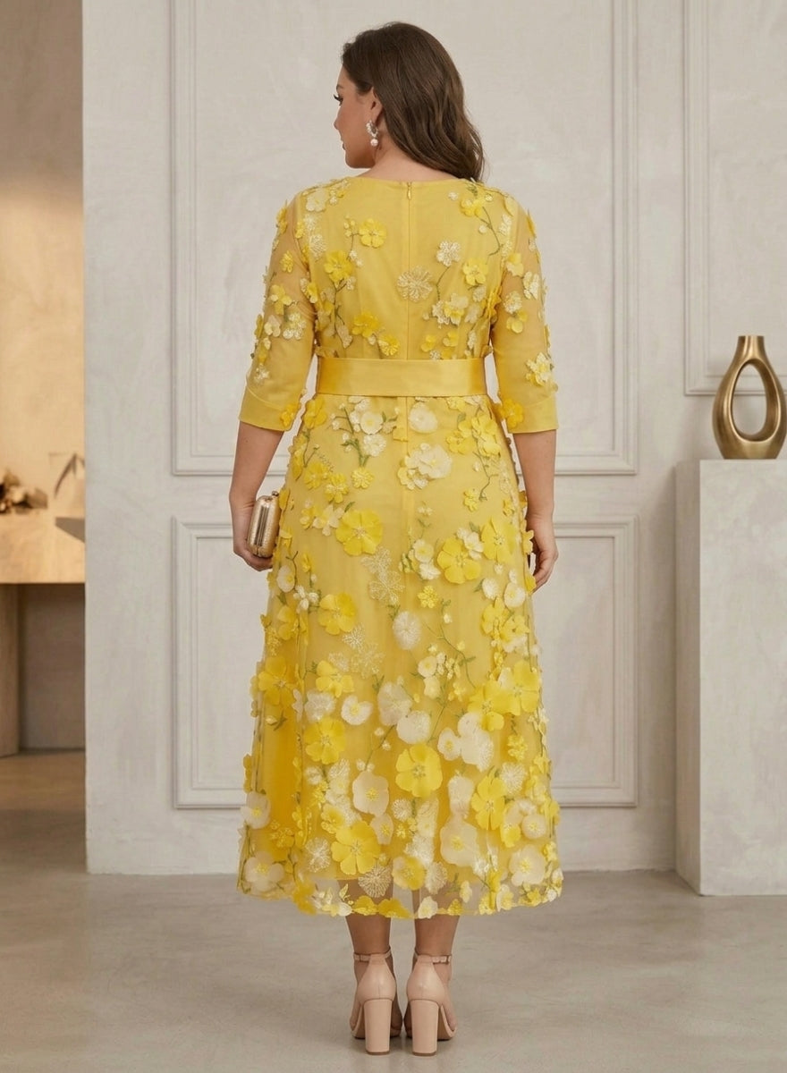 Robe mère de la mariée, Taille Plus, Ligne A/Princesse, Col Rond, Satin, Manches 3/4, Longueur du Thé, avev Nœud Papillon