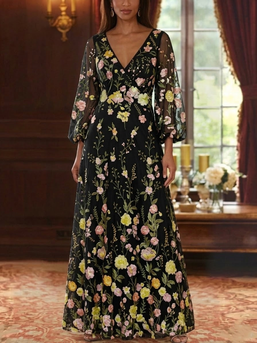 Robe mère de la mariée ligne A col V, dentelle florale, manches 3/4, longueur sol