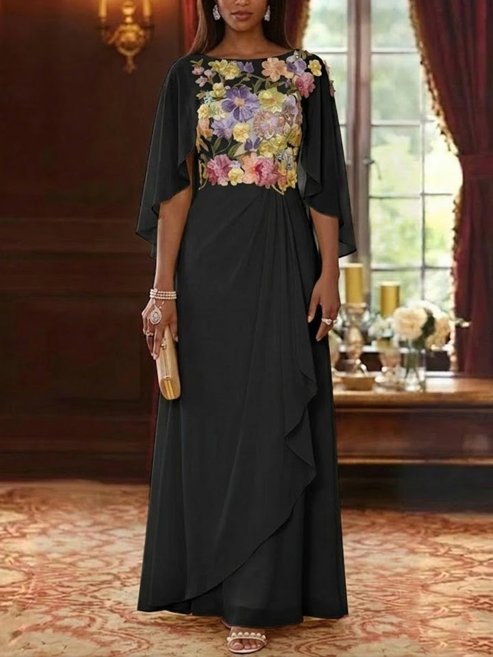 Robe mère de la mariée ligne A mousseline col rond, dentelle florale, manches cape, longueur sol