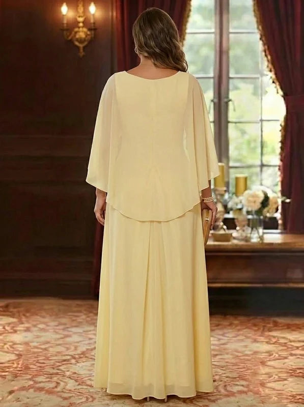 Robe Mère de la Mariée, Grande Taille, Ligne A/Princesse, Col Rond, Manches Cape, Longueur au Sol, Mousseline, Florale