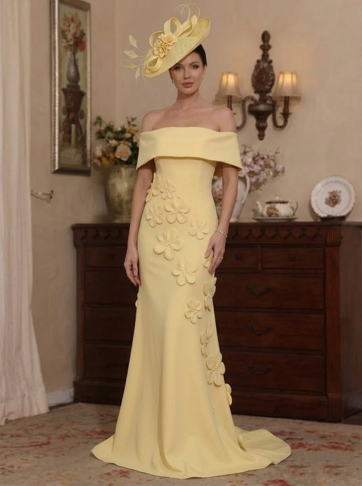 Robe mère de la mariée sirène satin stretch manches tombantes, fleurs 3D, sans manches, longueur sol