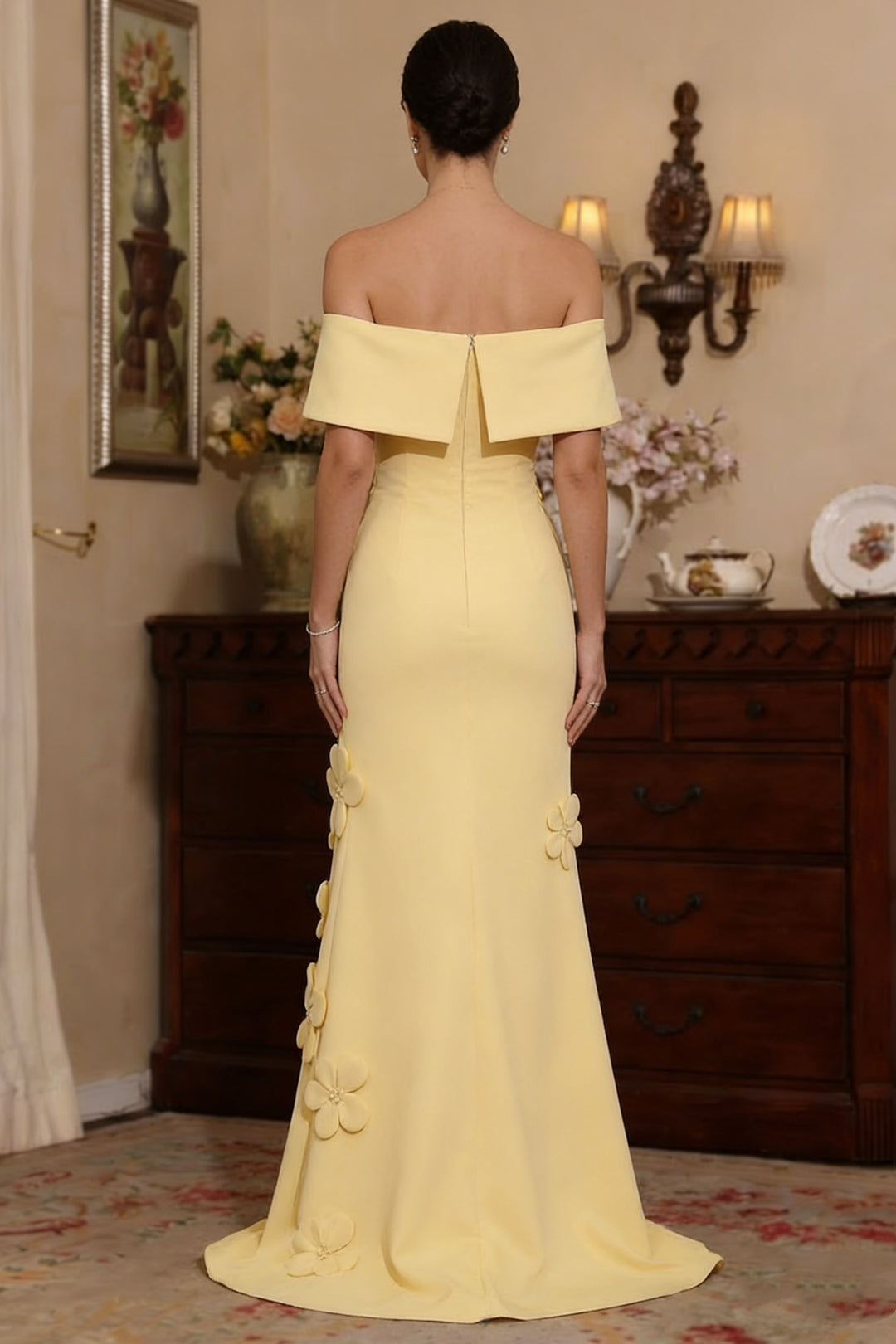 Robe mère de la mariée sirène satin stretch manches tombantes, fleurs 3D, sans manches, longueur sol