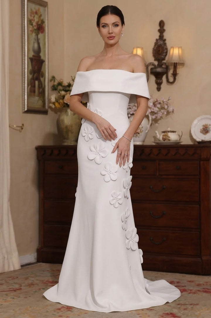 Robe mère de la mariée sirène satin stretch manches tombantes, fleurs 3D, sans manches, longueur sol