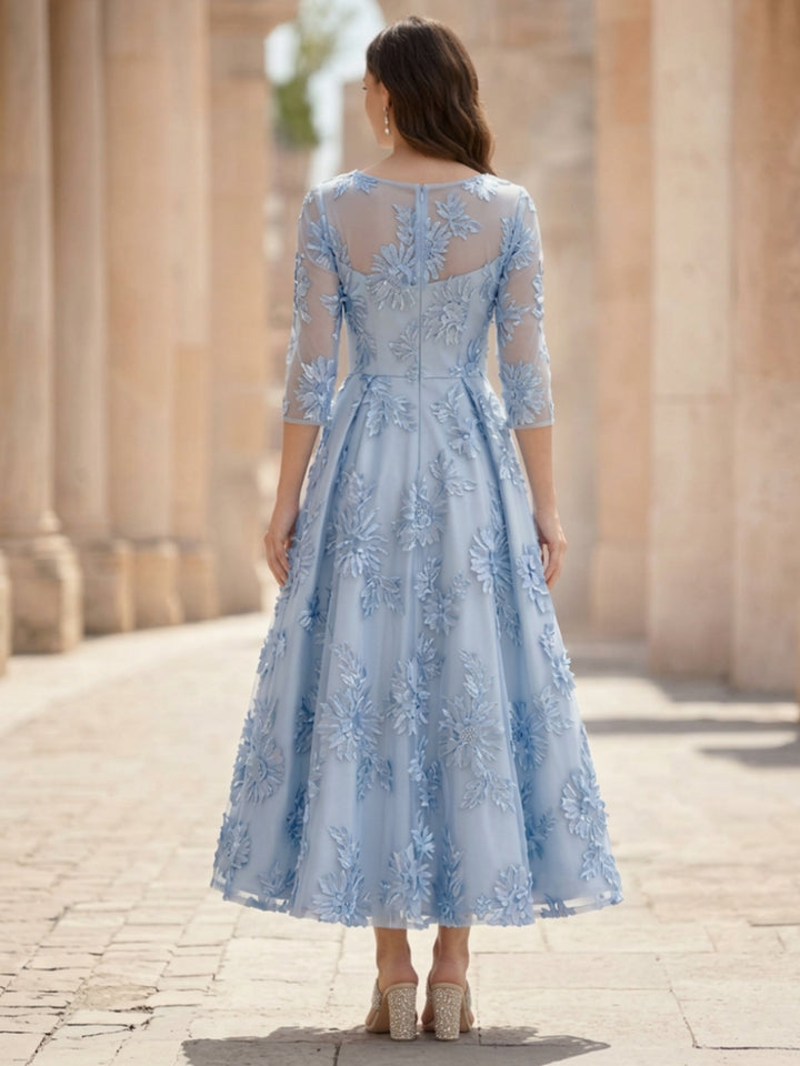 Robe mère de la mariée ligne A col rond, dentelle florale, appliques, manches 3/4, longueur midi
