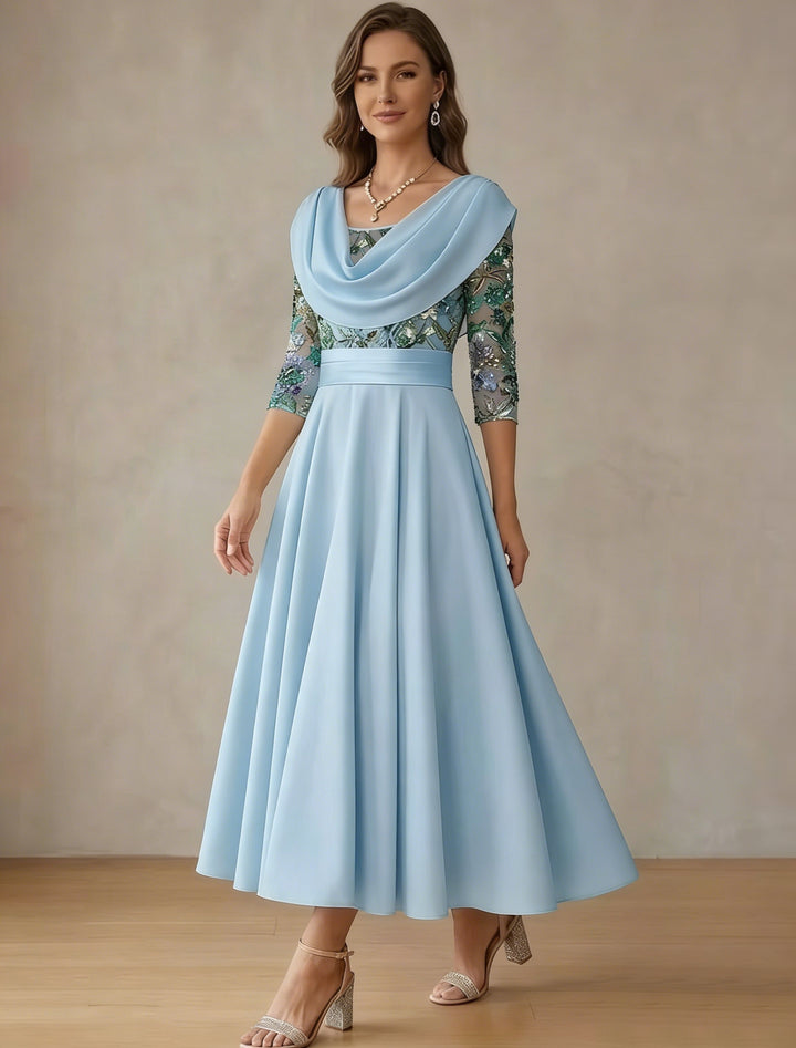 Robe mère de la mariée ligne A satin col drapé, dentelle sequins floral, manches 3/4, longueur midi