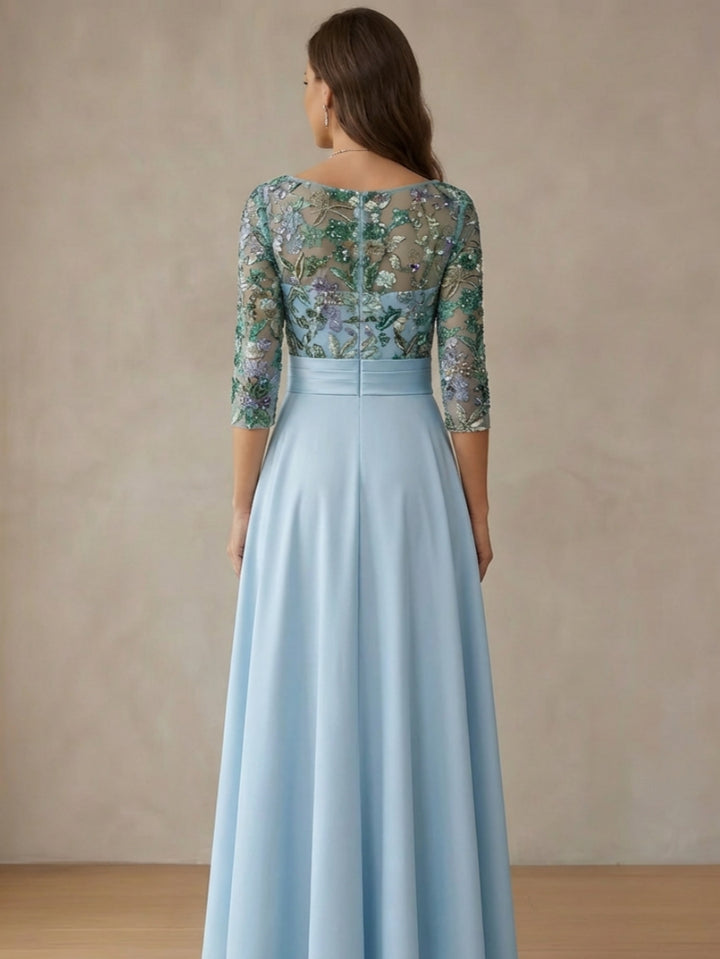 Robe mère de la mariée ligne A satin col drapé, dentelle sequins floral, manches 3/4, longueur midi