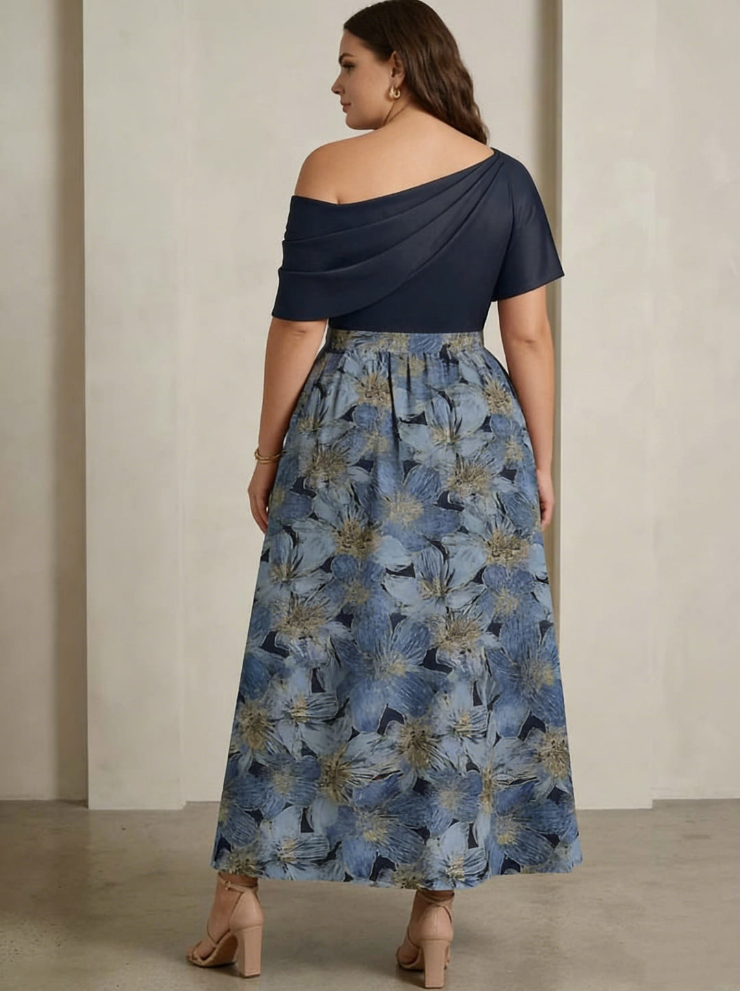 Robe mère de la mariée en satin, taille plus, ligne A/princesse, une épaule, floral, manches courtes, Longueur de La Cheville