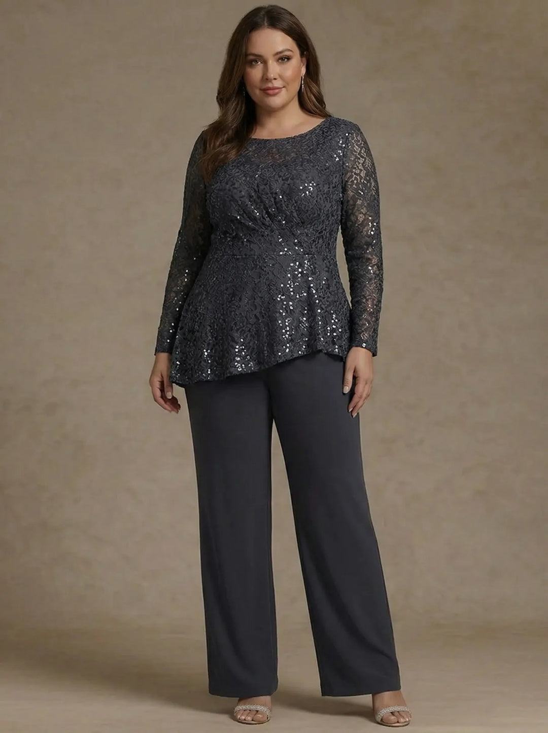 Robe mère de la mariée, Taille Plus, 3 Pièces, Costume-Pantalon, Col Rond, Mousseline, Sans Longues, Longueur de la Cheville, Dentelle
