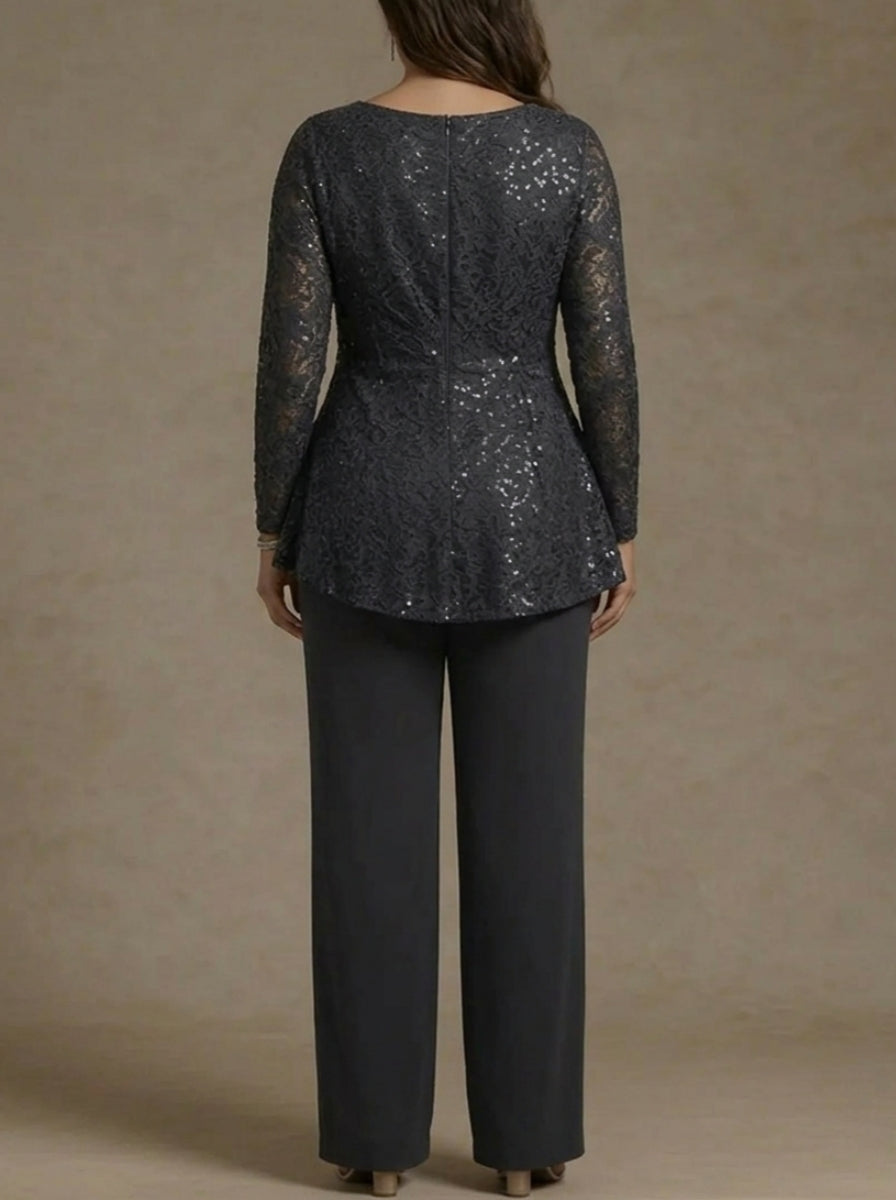 Robe mère de la mariée, Taille Plus, 3 Pièces, Costume-Pantalon, Col Rond, Mousseline, Sans Longues, Longueur de la Cheville, Dentelle