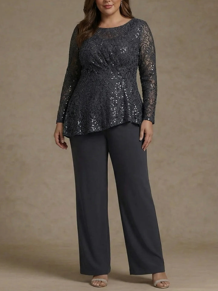 Robe mère de la mariée, Taille Plus, 3 Pièces, Costume-Pantalon, Col Rond, Mousseline, Sans Longues, Longueur de la Cheville, Dentelle