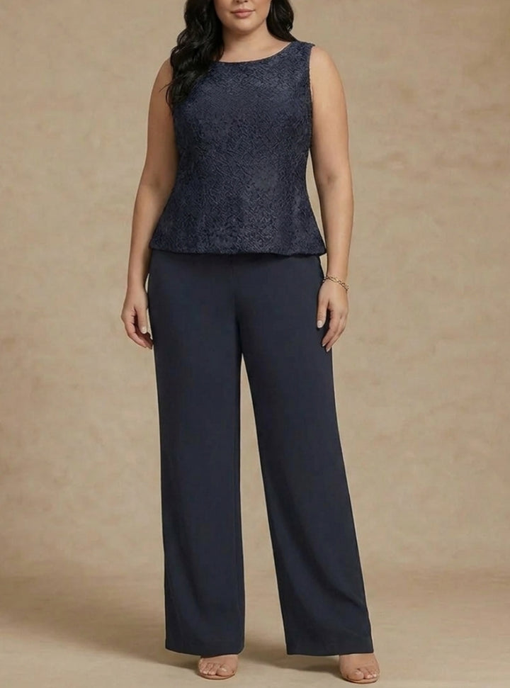 Robe mère de la mariée, Taille Plus, 3 Pièces, Costume-Pantalon, Col Rond, Mousseline, Sans Longues, Longueur de la Cheville, Dentelle