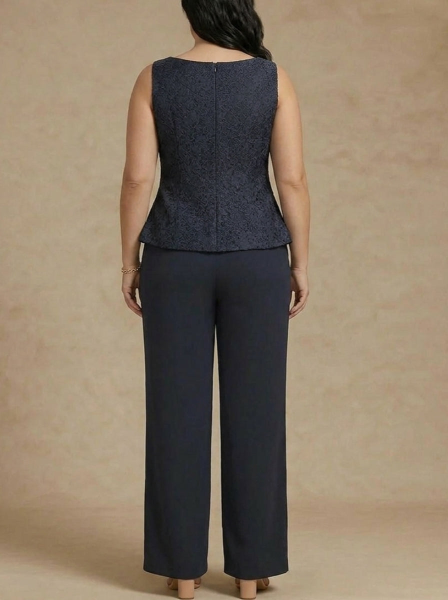 Robe mère de la mariée, Taille Plus, 3 Pièces, Costume-Pantalon, Col Rond, Mousseline, Sans Longues, Longueur de la Cheville, Dentelle