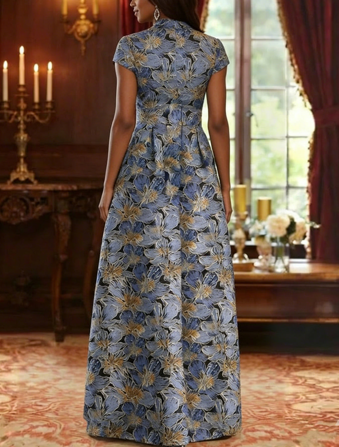 Robe mère de la mariée ligne A satin col V, floral, manches courtes, longueur sol