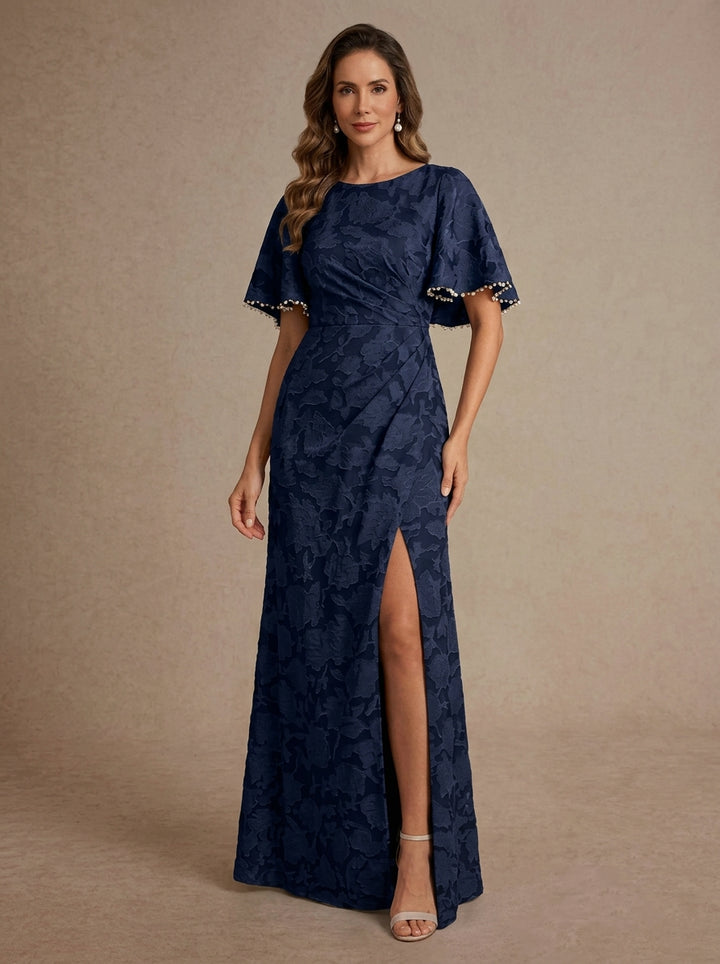 Robe mère de la mariée fourreau col rond, floral burnout, fente latérale, manches courtes, longueur sol