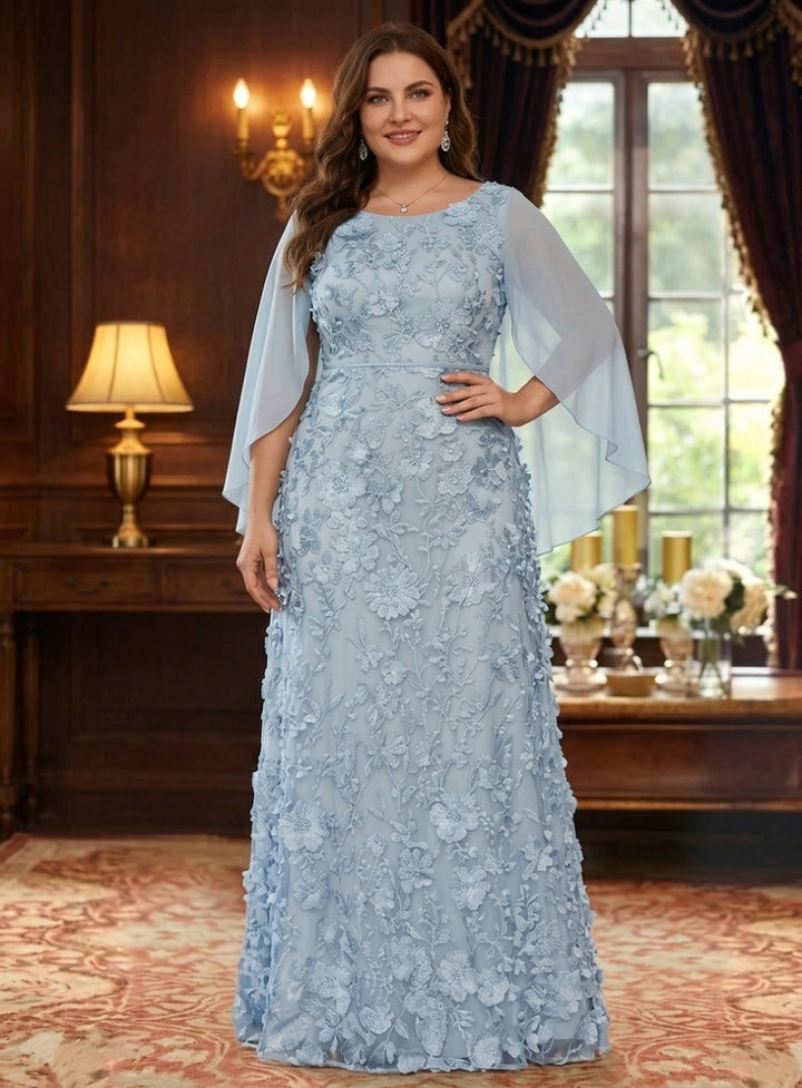 Robe mère de la mariée, Taille Plus, Ligne A/Princesse, Mousseline, Manches Cape, Longueur au Sol, Dentelle, Florale