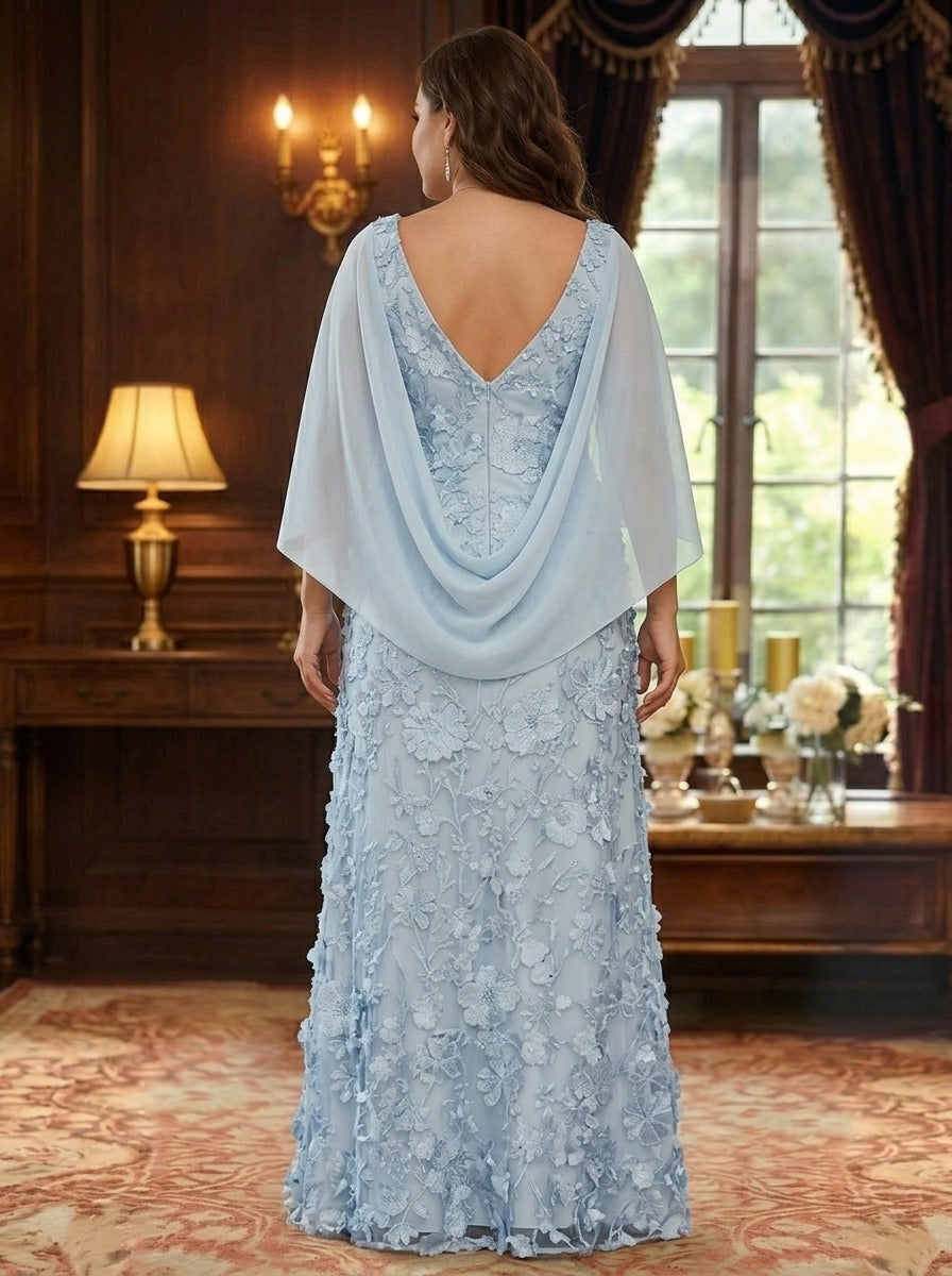 Robe mère de la mariée, Taille Plus, Ligne A/Princesse, Mousseline, Manches Cape, Longueur au Sol, Dentelle, Florale
