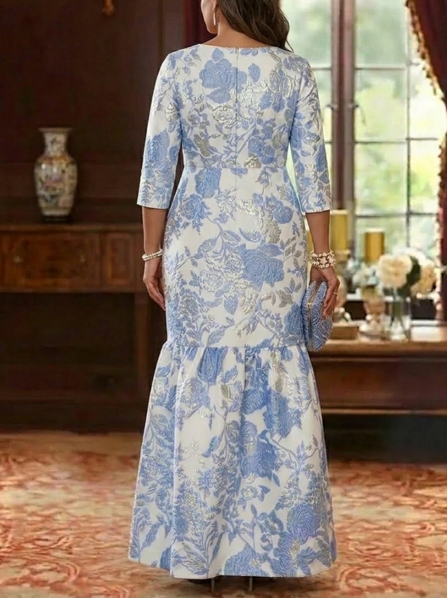 Robe mère de la mariée, Taille Plus, Ligne A/Princesse, Col Rond, Jacquard, Manches 3/4, Longueur au Sol, Volants