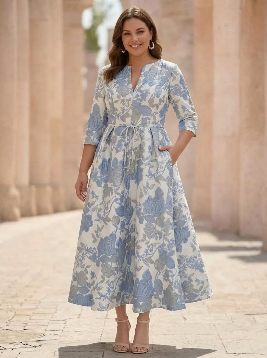 Robe mère de la mariée, Taille Plus, Ligne A/Princesse, Col en V, Jacquard, Manches Mi-Longues, Longueur du Thé, Florale