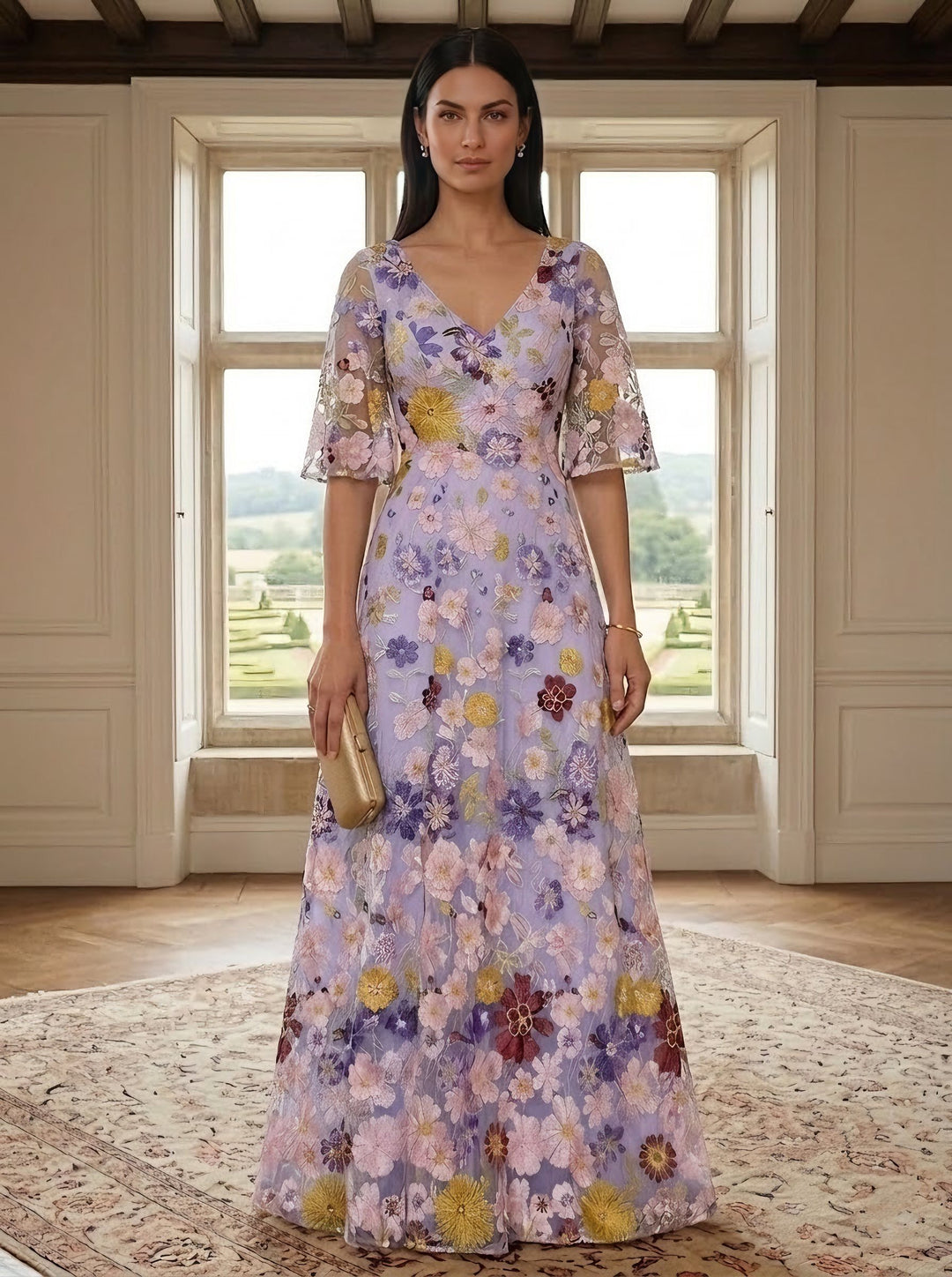 Robe ligne A/princesse, décolleté en V,dentelle, pour mère de la mariée, longueur du sol, floral, manches mi-longues