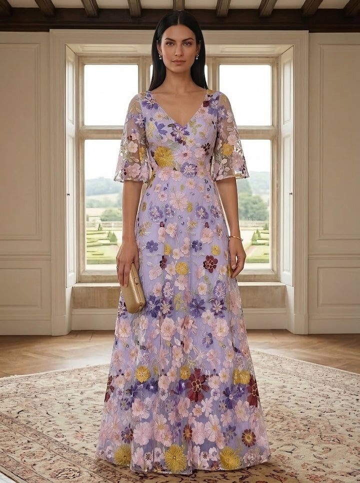 Robe ligne A/princesse, décolleté en V,dentelle, pour mère de la mariée, longueur du sol, floral, manches mi-longues