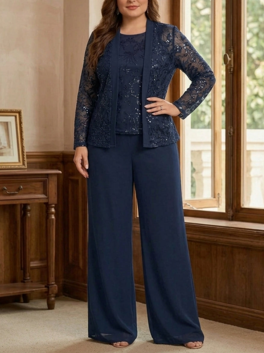 Robe Mère de la Mariée, Ensemble Pantalon, Col Rond, à Paillettes, Manches Longues, Longueur au Sol, Mousseline