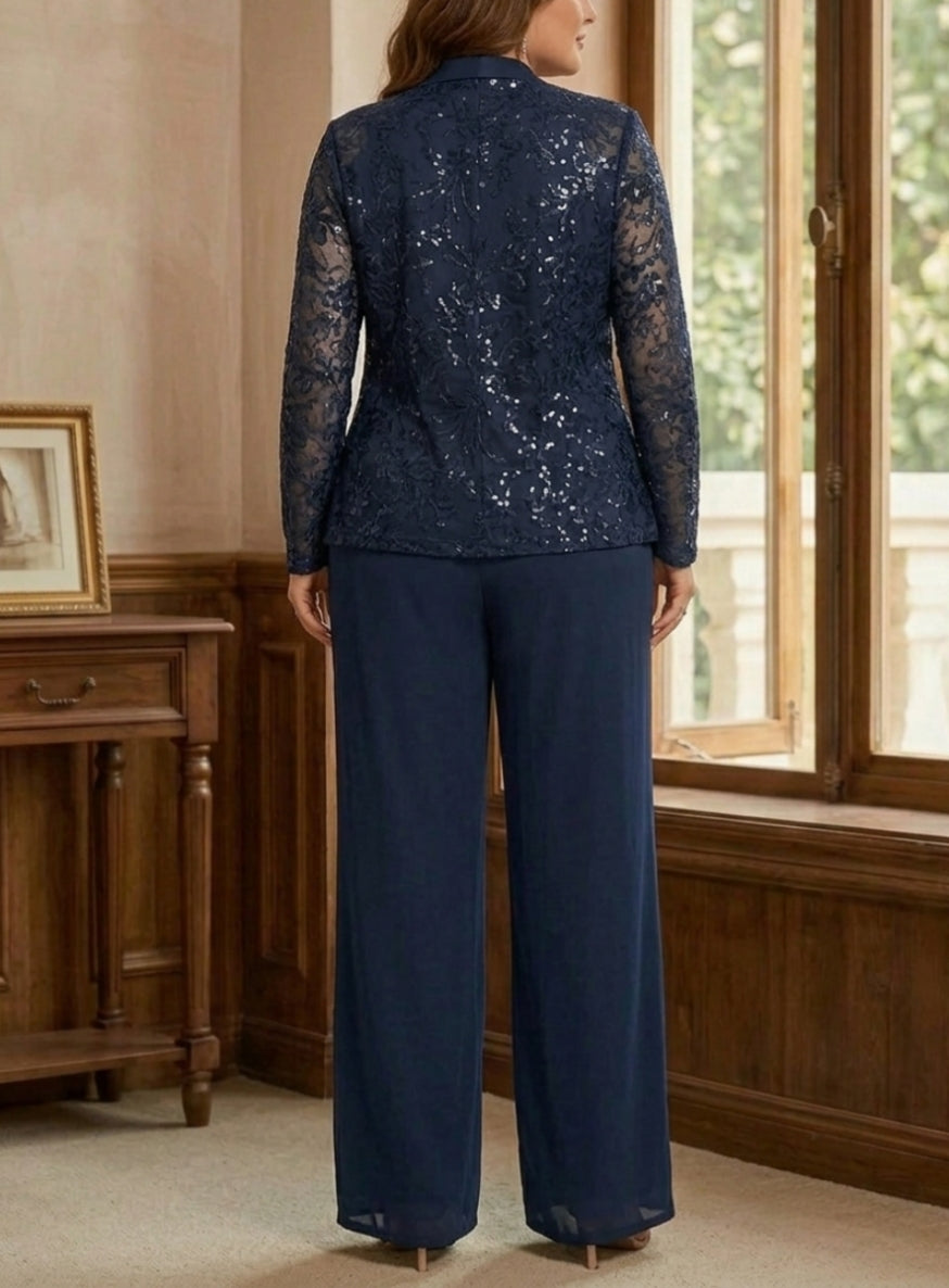 Robe Mère de la Mariée, Ensemble Pantalon, Col Rond, à Paillettes, Manches Longues, Longueur au Sol, Mousseline