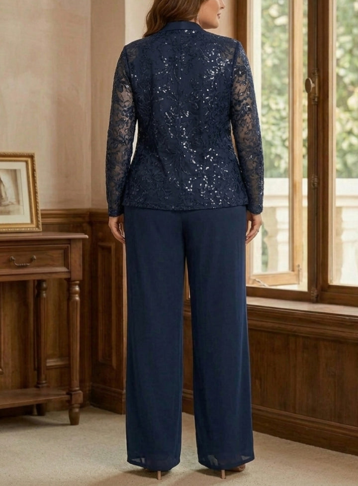 Robe Mère de la Mariée, Ensemble Pantalon, Col Rond, à Paillettes, Manches Longues, Longueur au Sol, Mousseline
