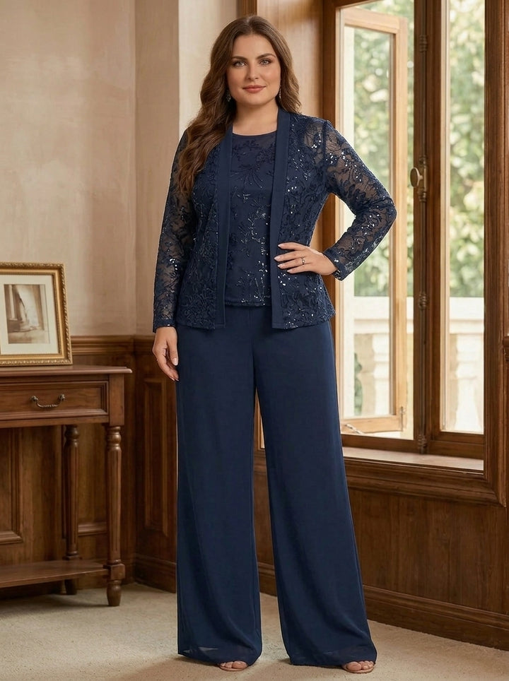 Robe Mère de la Mariée, Ensemble Pantalon, Col Rond, à Paillettes, Manches Longues, Longueur au Sol, Mousseline