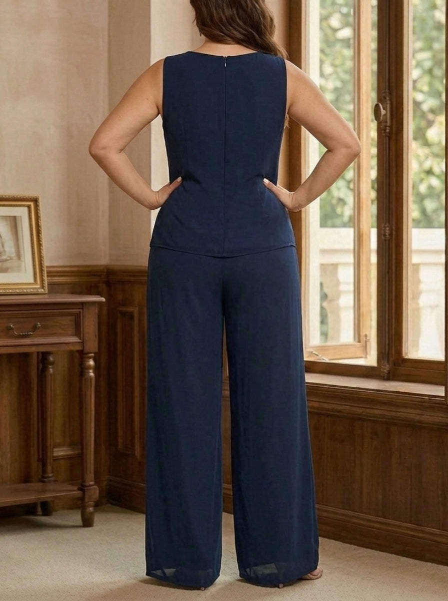 Robe Mère de la Mariée, Ensemble Pantalon, Col Rond, à Paillettes, Manches Longues, Longueur au Sol, Mousseline