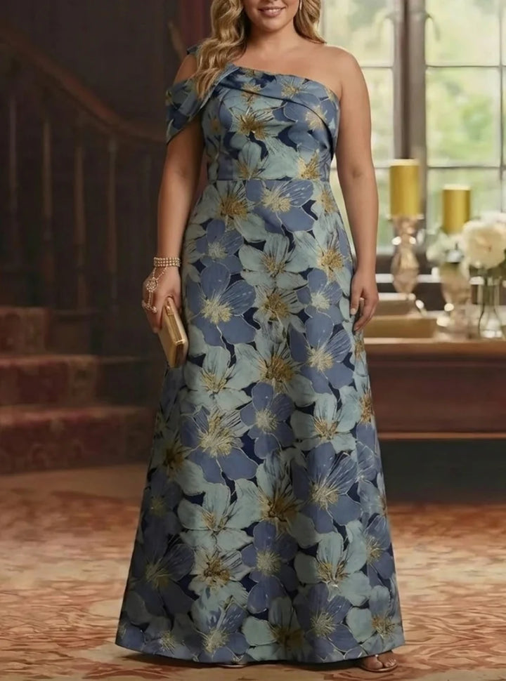 Robe Mère de la Mariée, Grande Taille, Ligne A/Princesse, Une Épaule Nue, Sans Manches, Longueur au Sol, Jacquard, Florale