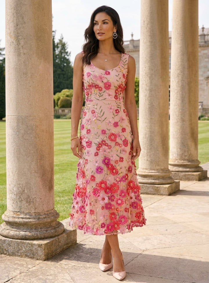 Robe ligne A/princesse, Col Rond, pour mère de la mariée, longueur du Thé, manches 3/4