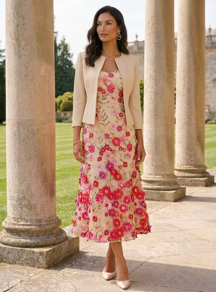 Robe ligne A/princesse, Col Rond, pour mère de la mariée, longueur du Thé, manches 3/4