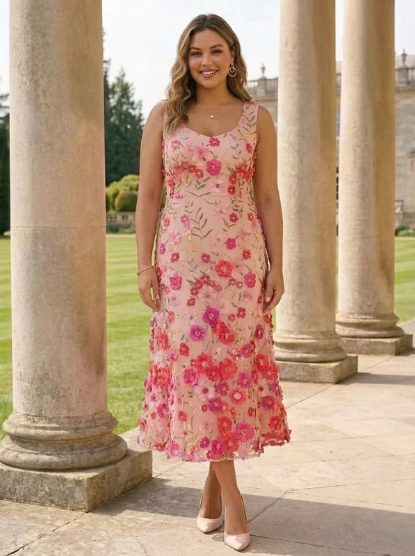 Robe Mère de la Mariée, Grande Taille, Ligne A/Princesse, Col Rond, Manches 3/4, Longueur du Thé, Florale