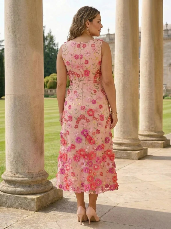 Robe Mère de la Mariée, Grande Taille, Ligne A/Princesse, Col Rond, Manches 3/4, Longueur du Thé, Florale