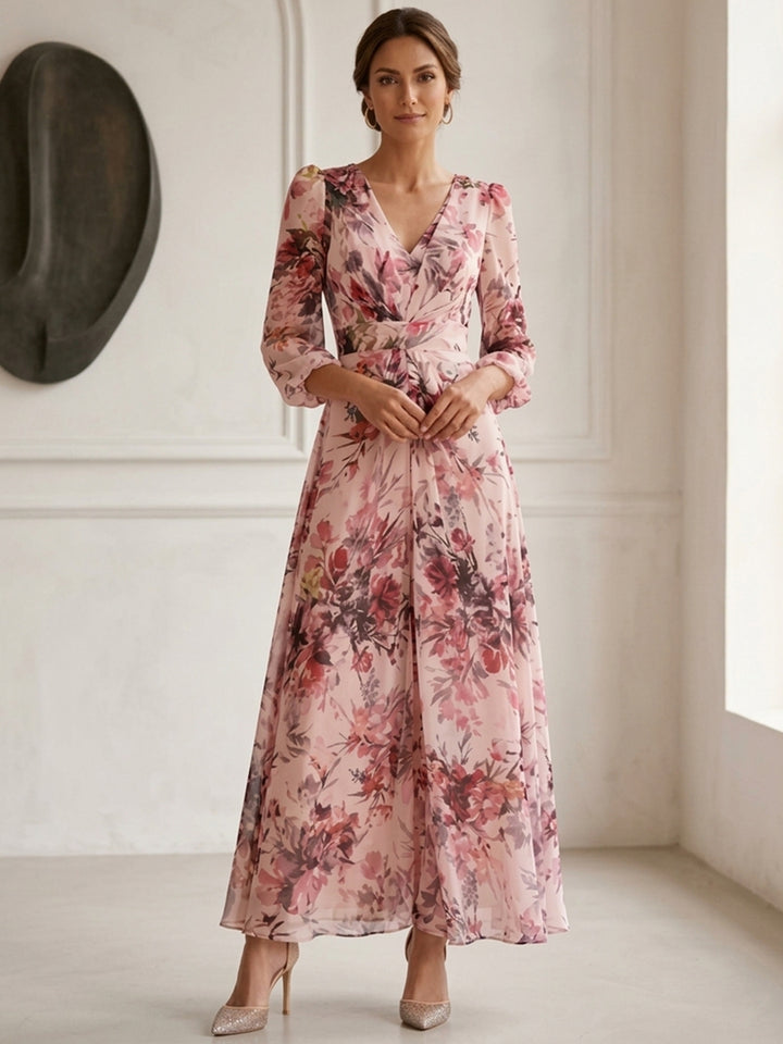 Robe ligne A/princesse, décolleté en V, mousseline, pour mère de la mariée, longueur de la cheville,floral, manches 3/4