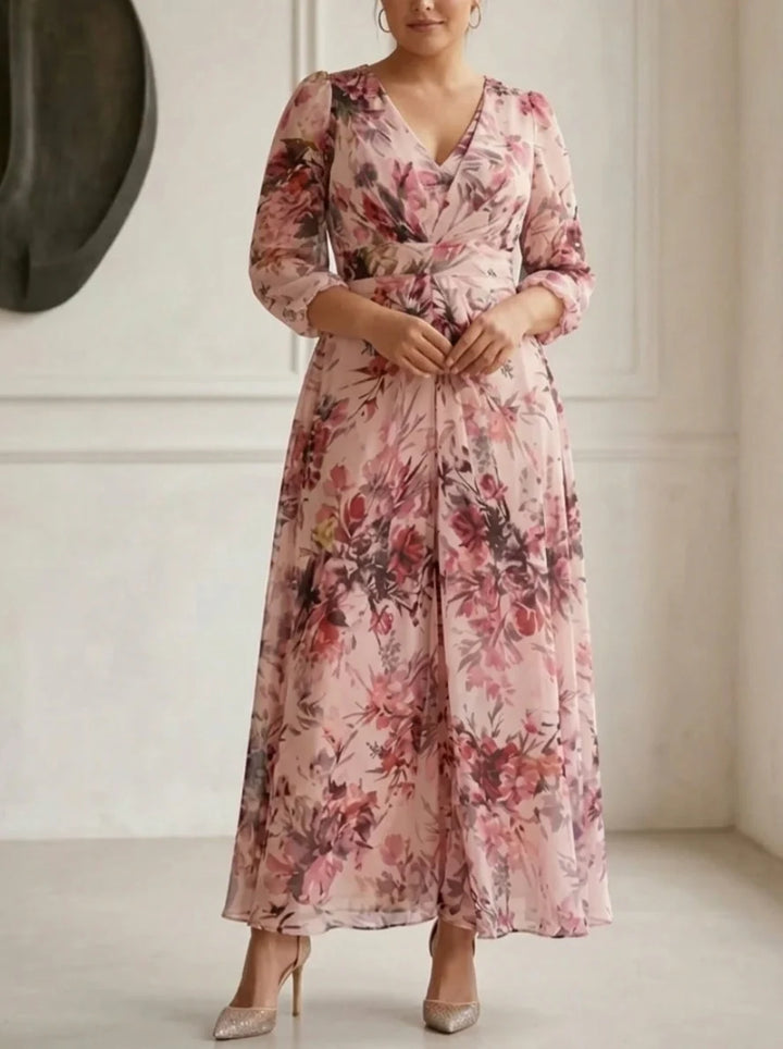 Robe Mère de la Mariée, Grande Taille, Ligne A/Princesse, Col en V, Manches 3/4, Longueur de la Cheville, Mousseline, Florale