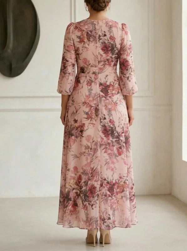 Robe Mère de la Mariée, Grande Taille, Ligne A/Princesse, Col en V, Manches 3/4, Longueur de la Cheville, Mousseline, Florale