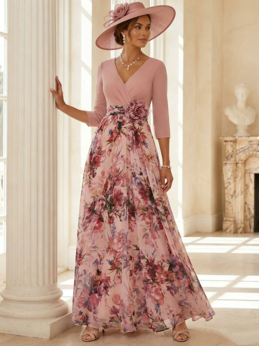 Robe ligne A/princesse, Col en V, pour mère de la mariée, longueur de la Cheville, manches 3/4