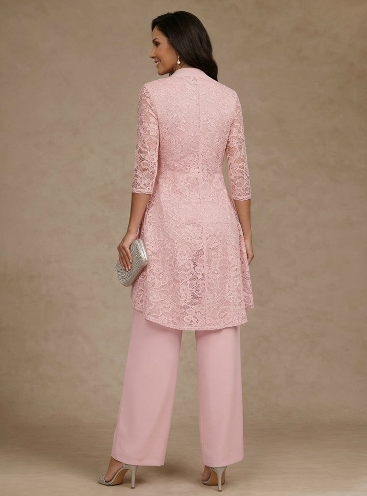 Ensemble pantalon 3 pièces mère de la mariée mousseline col V, veste dentelle, manches 3/4, longueur cheville