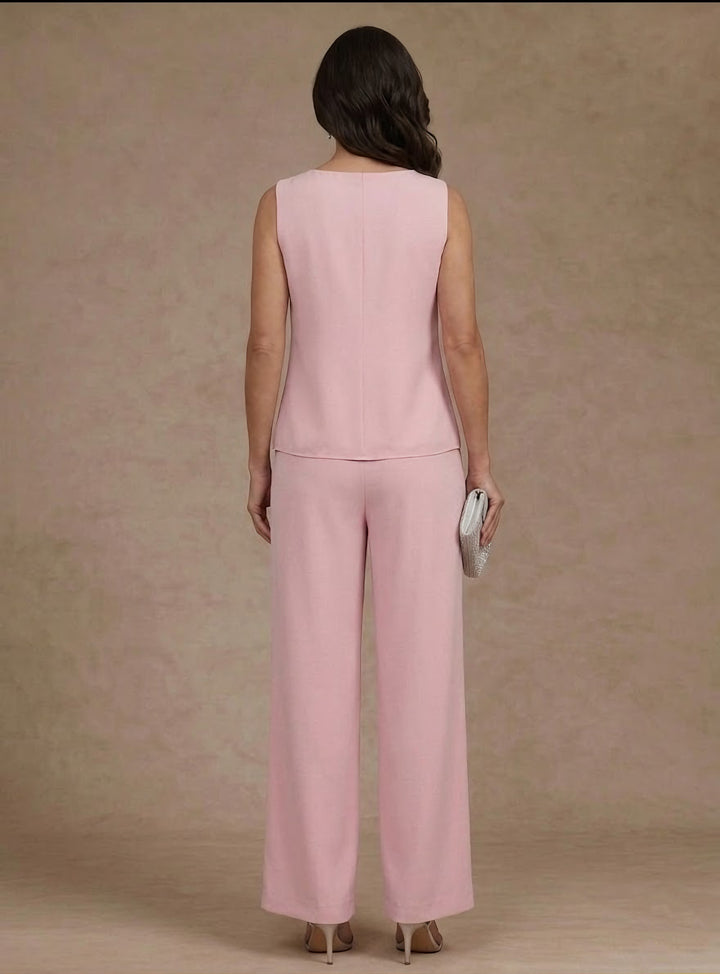 Ensemble pantalon 3 pièces mère de la mariée mousseline col V, veste dentelle, manches 3/4, longueur cheville