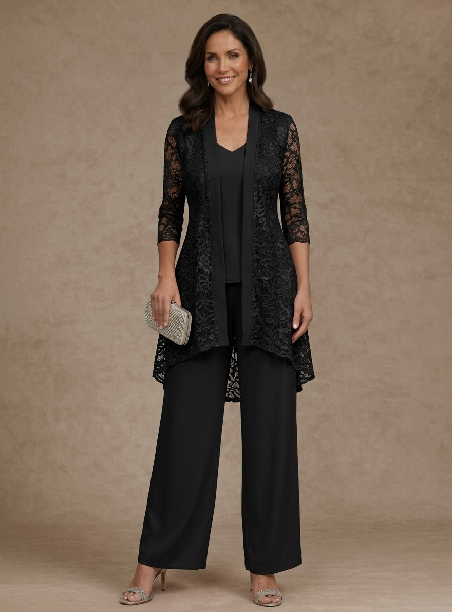 Ensemble pantalon 3 pièces mère de la mariée mousseline col V, veste dentelle, manches 3/4, longueur cheville
