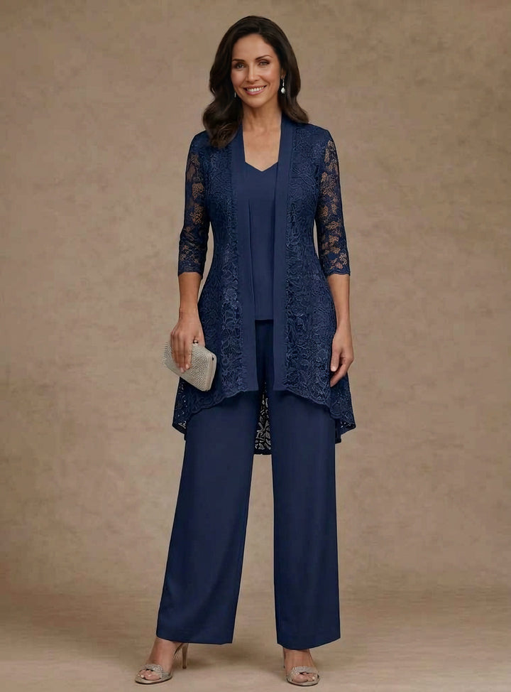 Ensemble pantalon 3 pièces mère de la mariée mousseline col V, veste dentelle, manches 3/4, longueur cheville