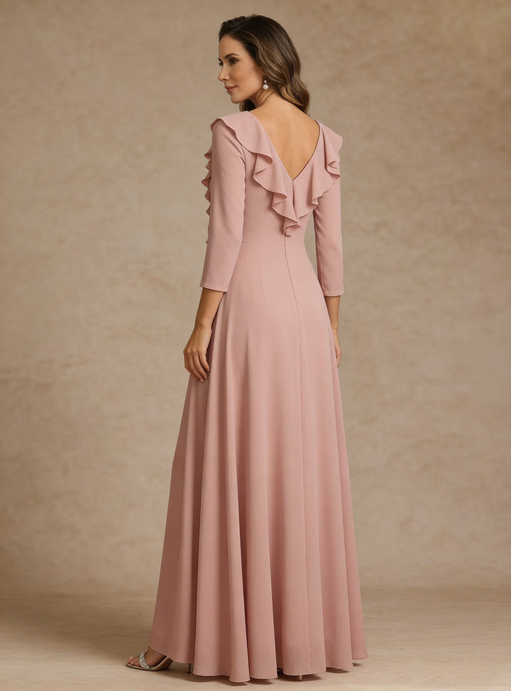 Robe ligne A/princesse, décolleté en V, mousseline, pour mère de la mariée, longueur du sol, manches 3/4, volants