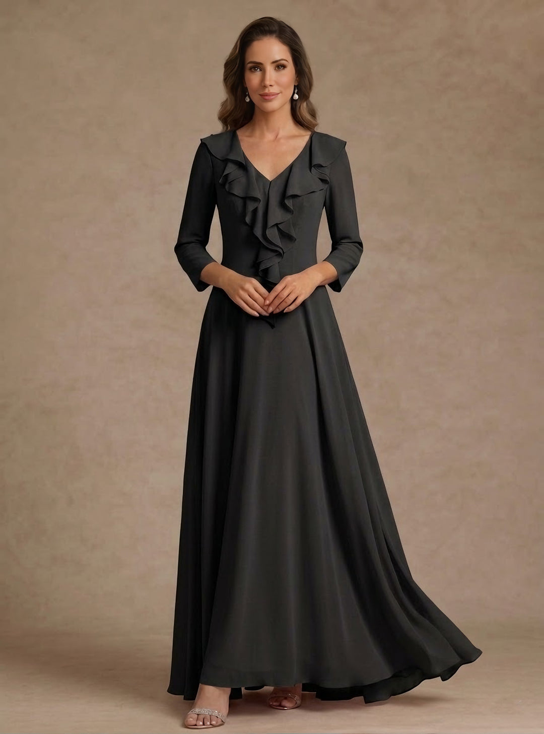 Robe ligne A/princesse, décolleté en V, mousseline, pour mère de la mariée, longueur du sol, manches 3/4, volants